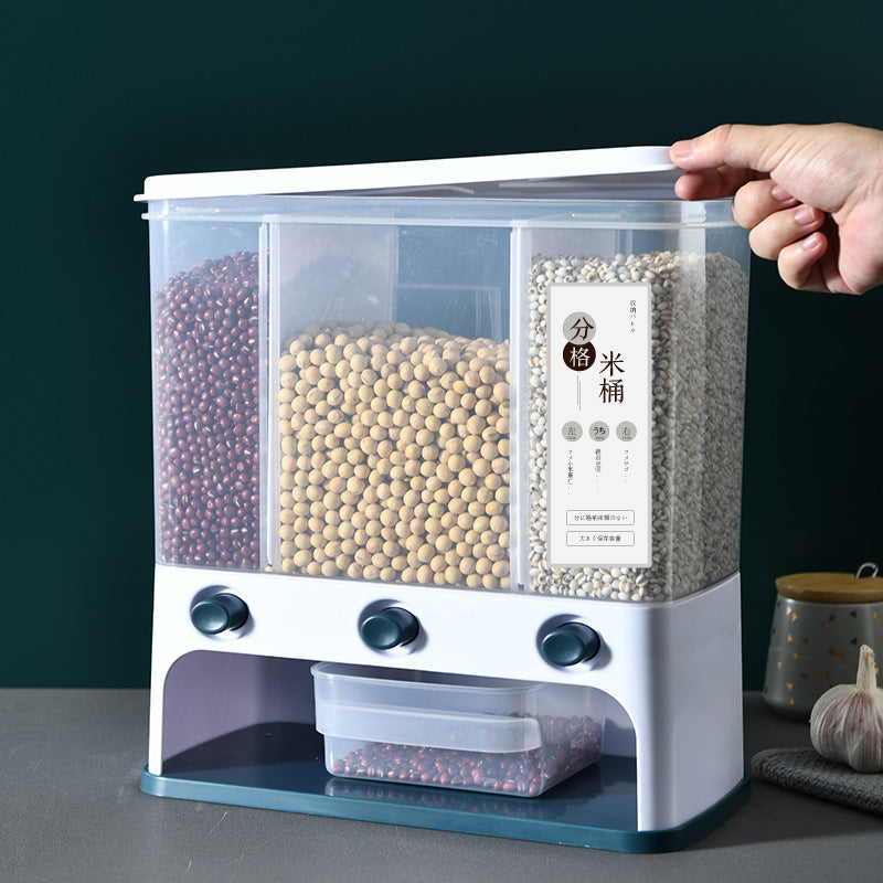 Wall-Mounted Grain Storage Box – Clear Plastic Rice & Cereal Container with Press Funnel