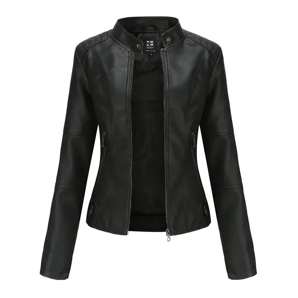 Fashioned European and American Slim fit stand collar Leather jacket for women