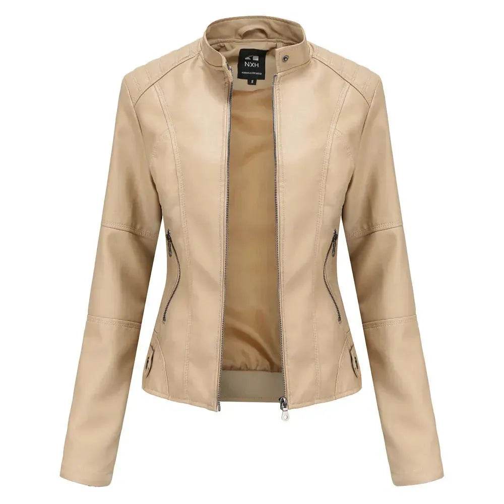 Fashioned European and American Slim fit stand collar Leather jacket for women