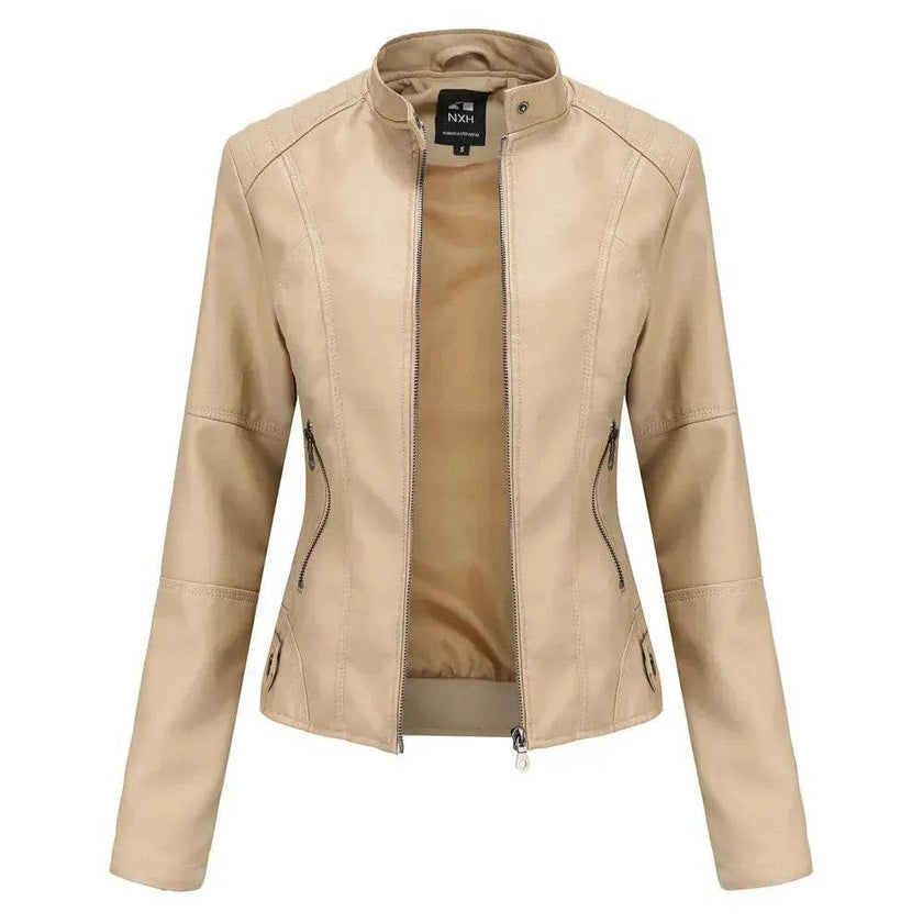 Fashioned European and American Slim fit stand collar Leather jacket for women