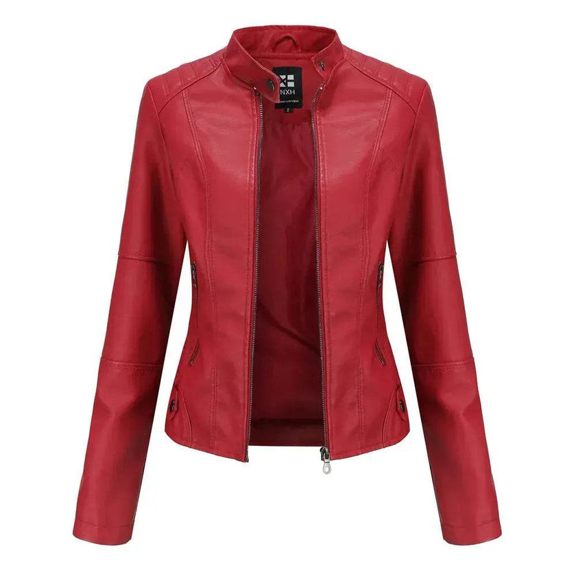 Fashioned European and American Slim fit stand collar Leather jacket for women