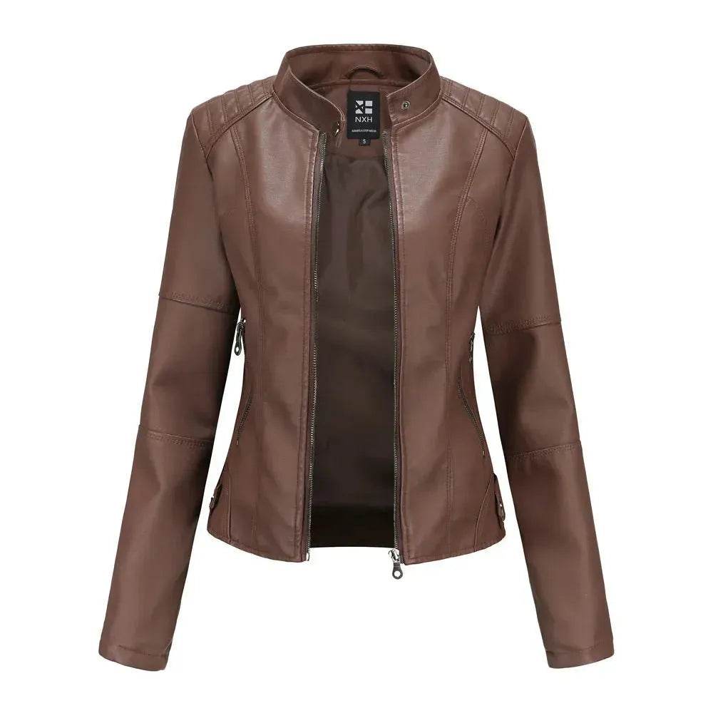 Fashioned European and American Slim fit stand collar Leather jacket for women