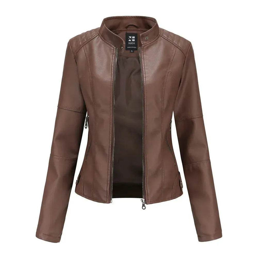 Fashioned European and American Slim fit stand collar Leather jacket for women