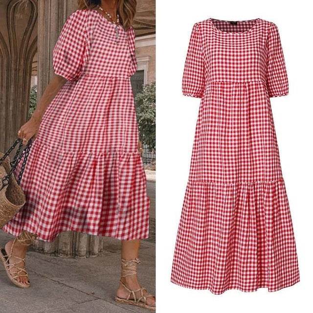 Casual Summer Midi dress puff sleeve flowy mum dress