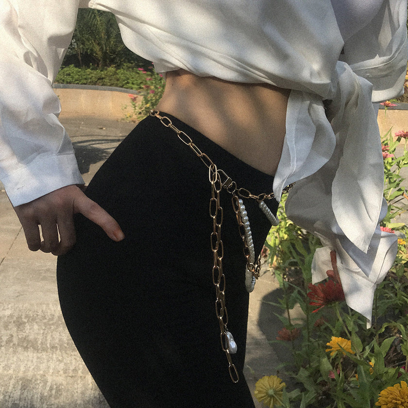 Women's Multilayer Pearl Chain Tassel Waist Chain – Gold Retro Body Jewelry