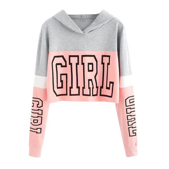 Girls Fashion Hoodie Crop Top Sweatshirt  Pullover Women Patchwork