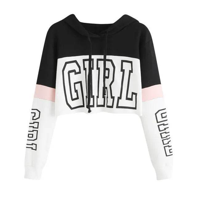 Girls Fashion Hoodie Crop Top Sweatshirt  Pullover Women Patchwork