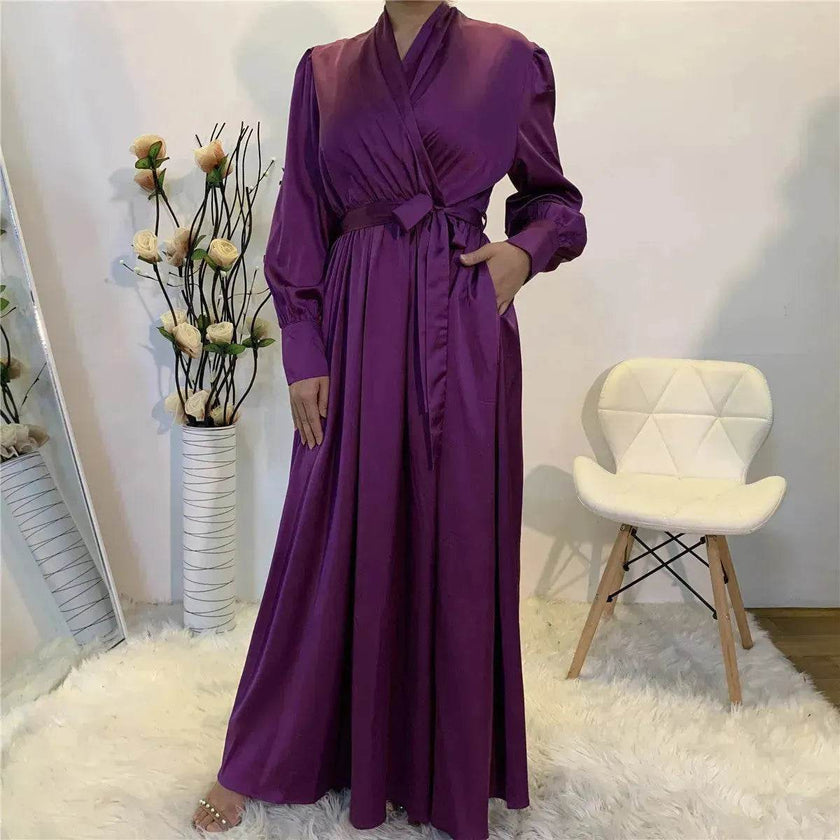 Elegant V-Neck Plain color Dubai Abaya  Turkey Satin Abaya for ArabWomen Middle East dress for Women