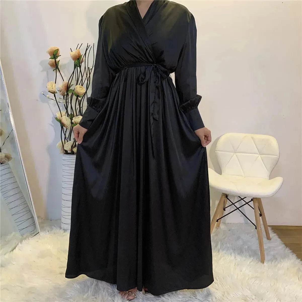 Elegant V-Neck Plain color Dubai Abaya  Turkey Satin Abaya for ArabWomen Middle East dress for Women