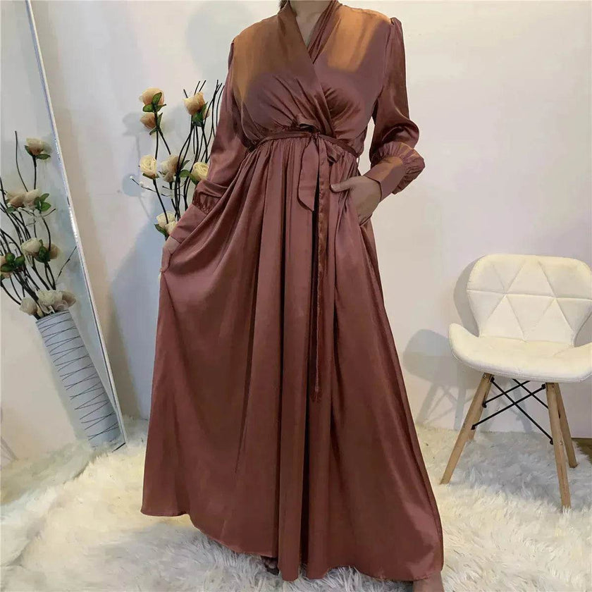 Elegant V-Neck Plain color Dubai Abaya  Turkey Satin Abaya for ArabWomen Middle East dress for Women