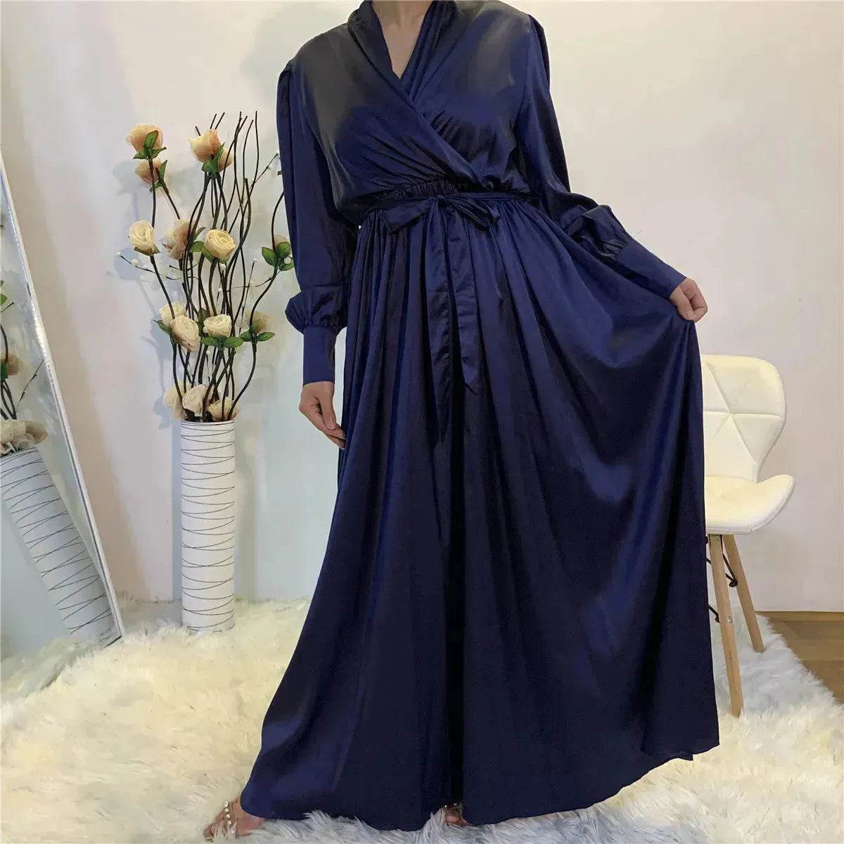 Elegant V-Neck Plain color Dubai Abaya  Turkey Satin Abaya for ArabWomen Middle East dress for Women