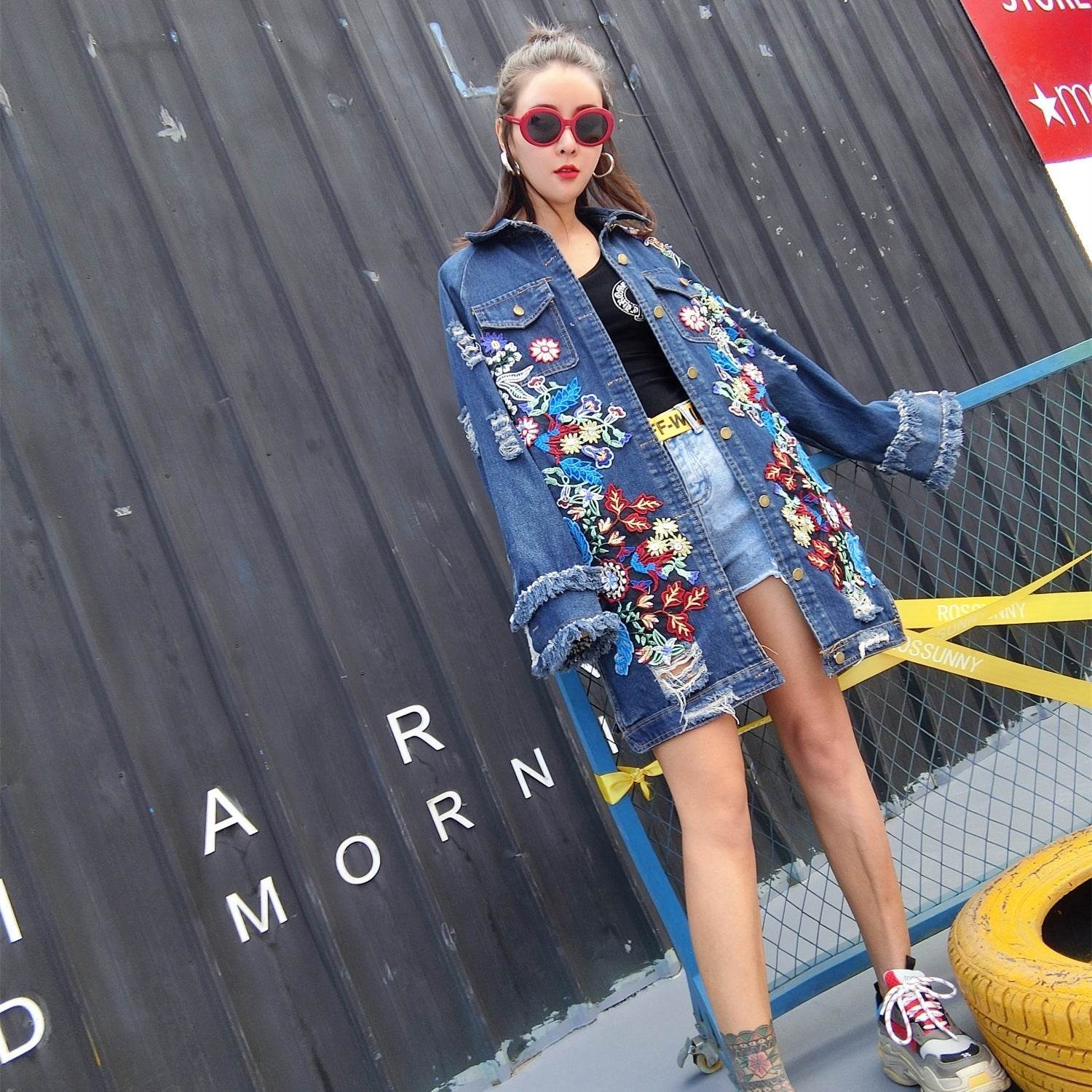 Fashion Loose Mid length Long Sleeved Denim Jacket Women