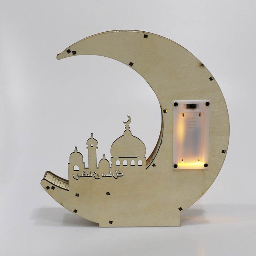 Wooden Eid Mubarak Mirror Golden Moon Castle craft Hollow Letters with LED Lights decor Ornaments