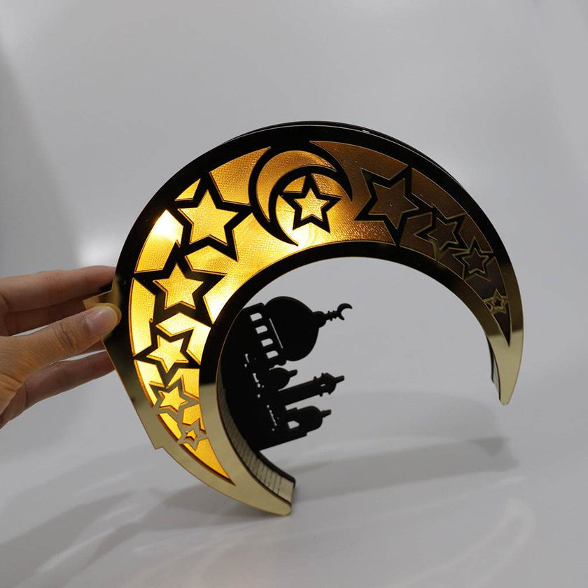 Wooden Eid Mubarak Mirror Golden Moon Castle craft Hollow Letters with LED Lights decor Ornaments
