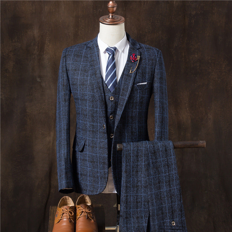 Men's 3-Piece Plaid Suit Set – Wedding, Groom & Formal Tuxedo (4 Colors, M–3XL)