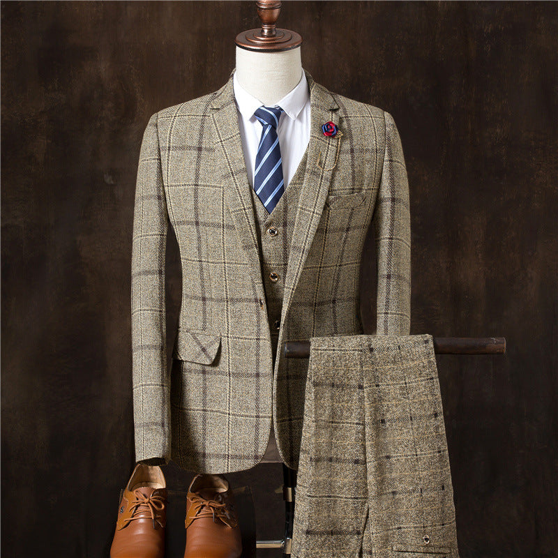 Men's 3-Piece Plaid Suit Set – Wedding, Groom & Formal Tuxedo (4 Colors, M–3XL)