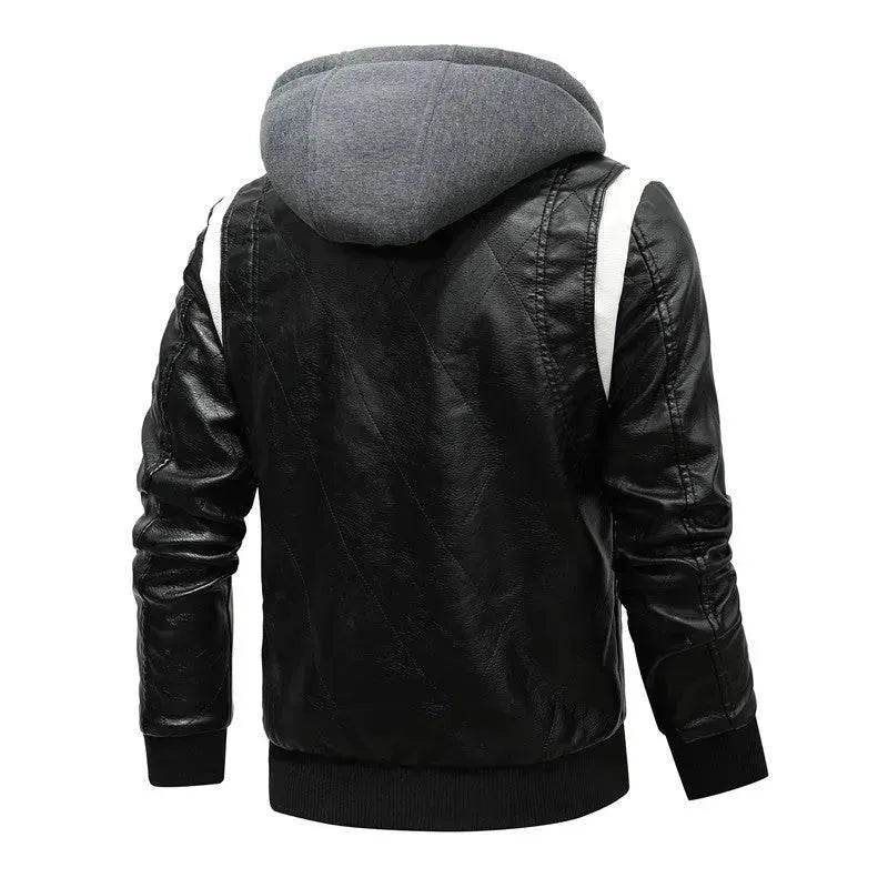Men's Leather Stand Collar Zip up Hooded Winter Jacket