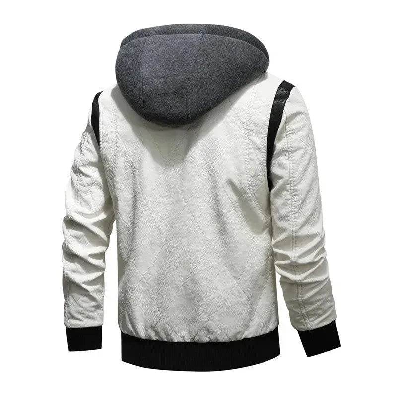 Men's Leather Stand Collar Zip up Hooded Winter Jacket
