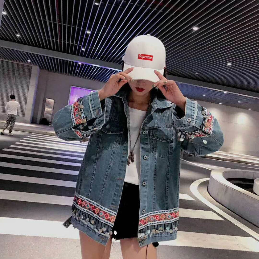 Heavy Industry Flower Embroidery Beaded Sequins Retro Fashion Long-sleeved Denim Jacket Women
