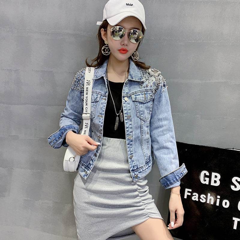 Europe Station New Shoulder Rivet Denim Jacket Women s Short Slim Jacket Three Dimensional Flower Top