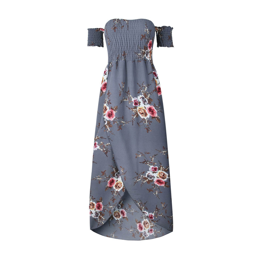 Elegant Ladies Summer Boho Vacation Resort Slit Maxi dress off shoulder Long floral Beach summer slit dress