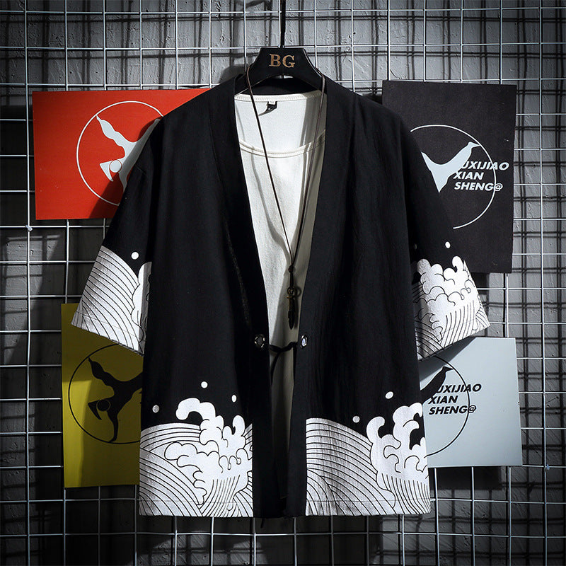 Men's Cotton Linen Hanfu Cardigan – Loose Casual Summer Robe in Black & Blue (M–5XL)