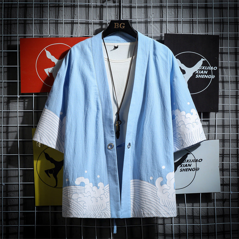 Men's Cotton Linen Hanfu Cardigan – Loose Casual Summer Robe in Black & Blue (M–5XL)