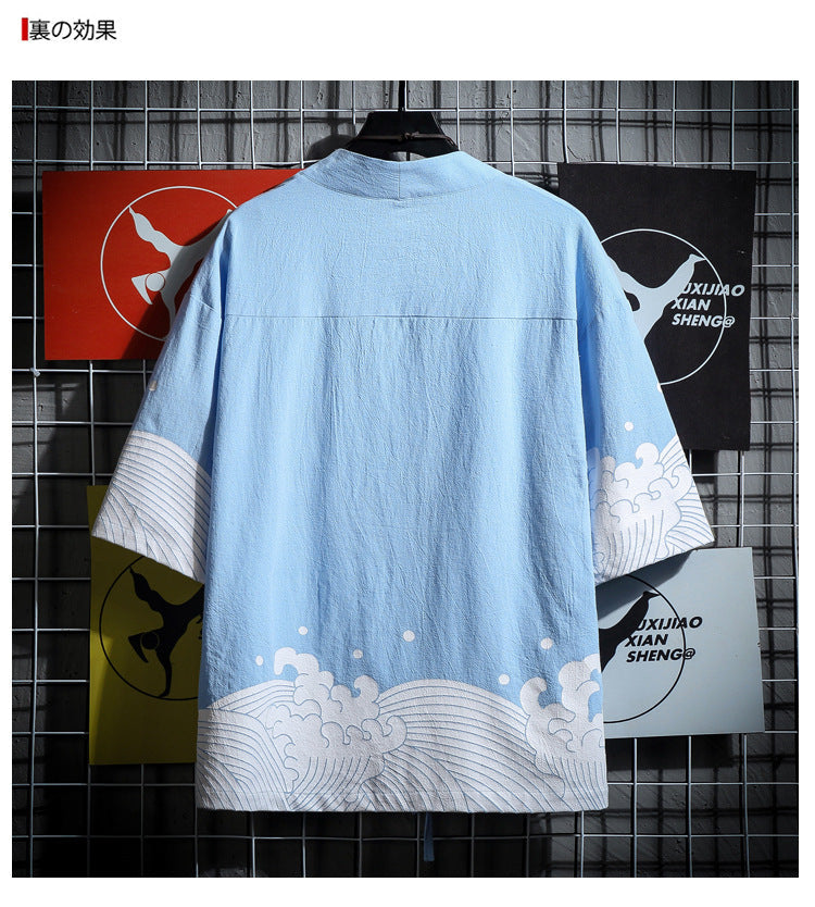 Men's Cotton Linen Hanfu Cardigan – Loose Casual Summer Robe in Black & Blue (M–5XL)