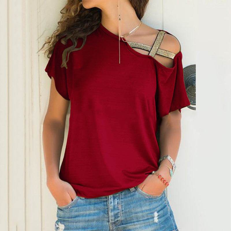 Women Skew Neck Summer Irregular Criss Cross Short Sleeves Sexy Off Shoulder Solid Tops Blusa Femme One Shoulder  Blouse