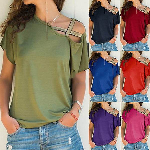 Women Skew Neck Summer Irregular Criss Cross Short Sleeves Sexy Off Shoulder Solid Tops Blusa Femme One Shoulder  Blouse