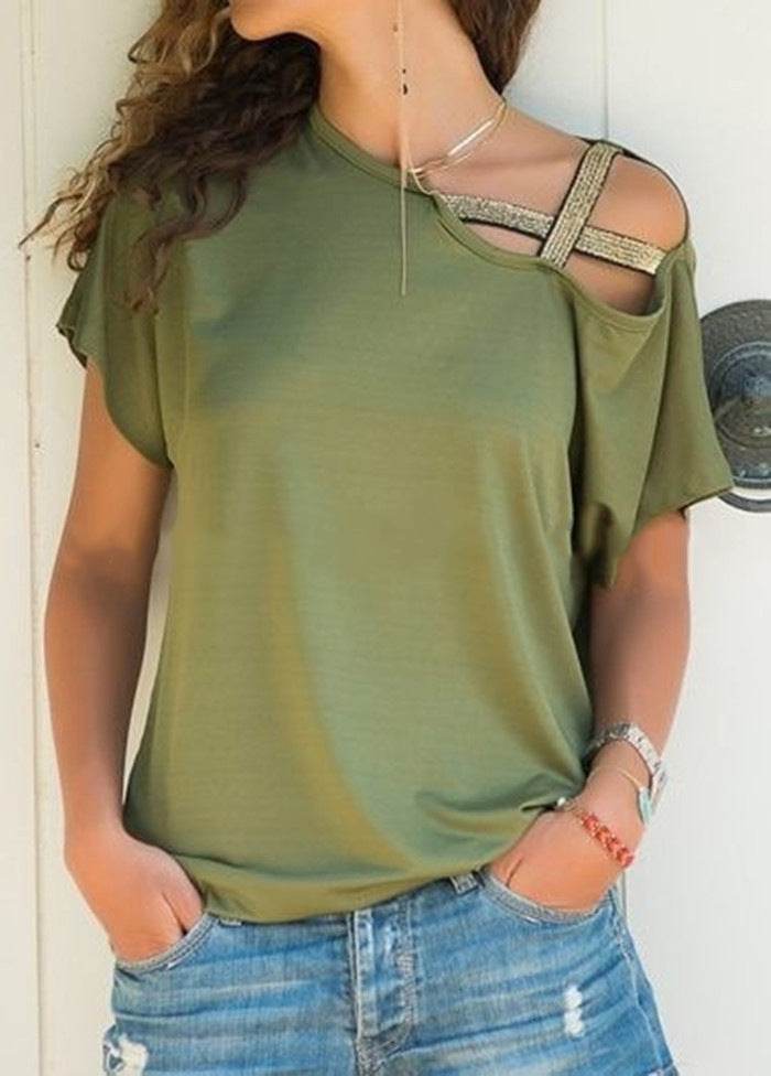 Women Skew Neck Summer Irregular Criss Cross Short Sleeves Sexy Off Shoulder Solid Tops Blusa Femme One Shoulder  Blouse