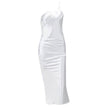 Elegant Women's Midi Satin Dress One Shoulder Spaghetti Strap Backless Ruched Summer DRESS