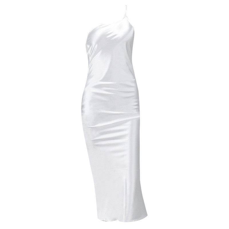 Elegant Women's Midi Satin Dress One Shoulder Spaghetti Strap Backless Ruched Summer DRESS
