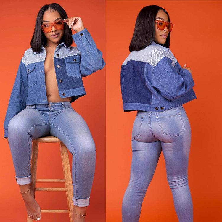 Oversized Denim Jacket – Color Matching Cotton Lapel