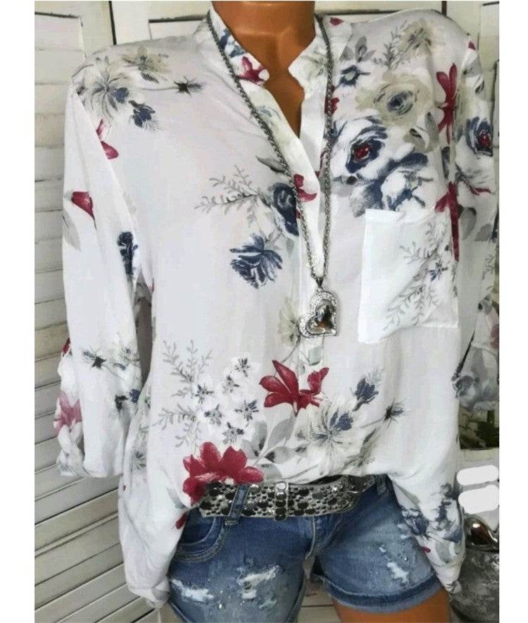 5XL Plus Size Summer Tops Women Blouses Long Sleeve Print Stand Collar Button Blouse Pullover Womens Clothing  Blusa
