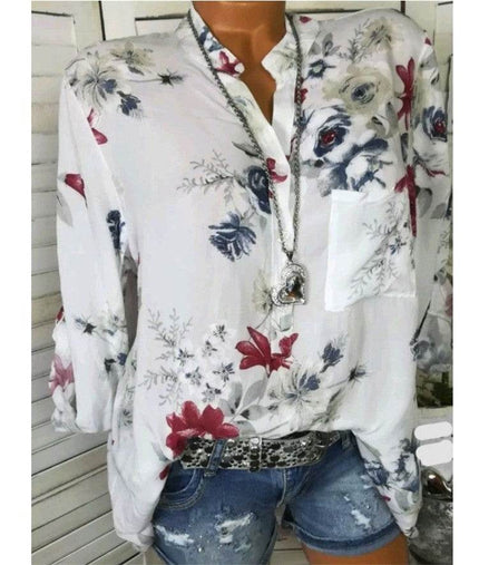 5XL Plus Size Summer Tops Women Blouses Long Sleeve Print Stand Collar Button Blouse Pullover Womens Clothing  Blusa