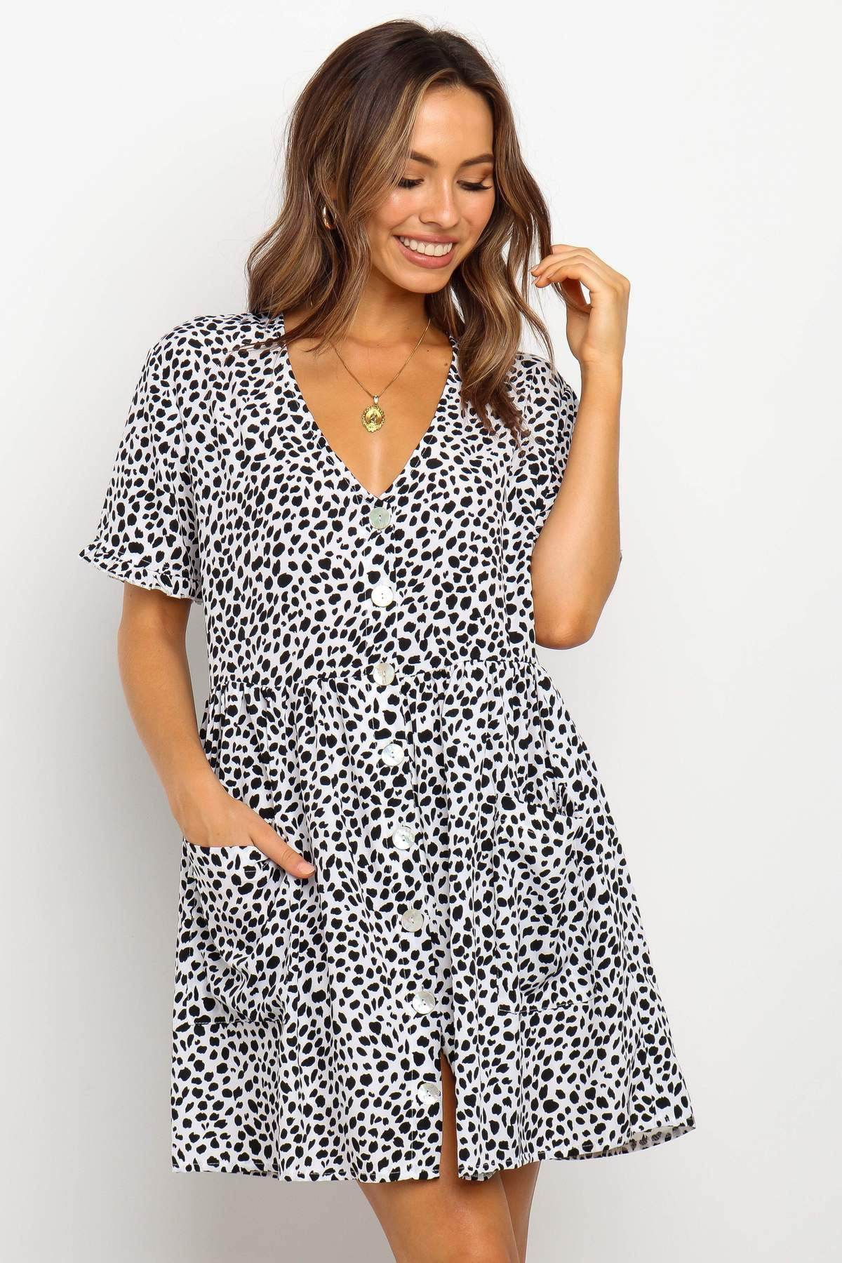 Casual Summer dresses Women Spring Mini short sleeve button down dot printed loose Dress