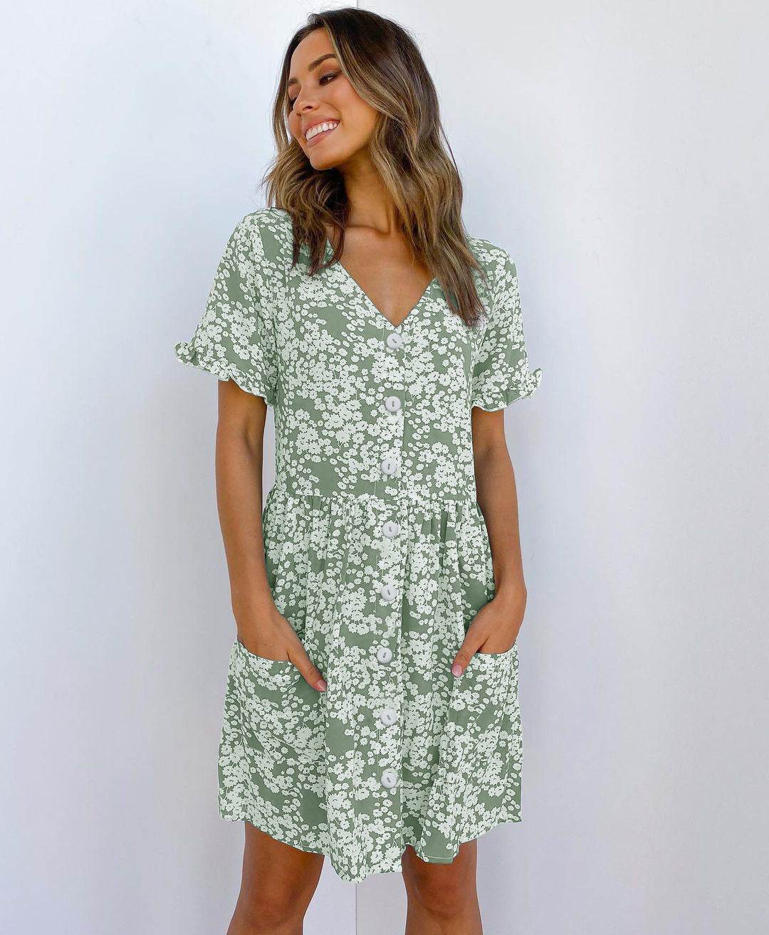 Casual Summer dresses Women Spring Mini short sleeve button down dot printed loose Dress