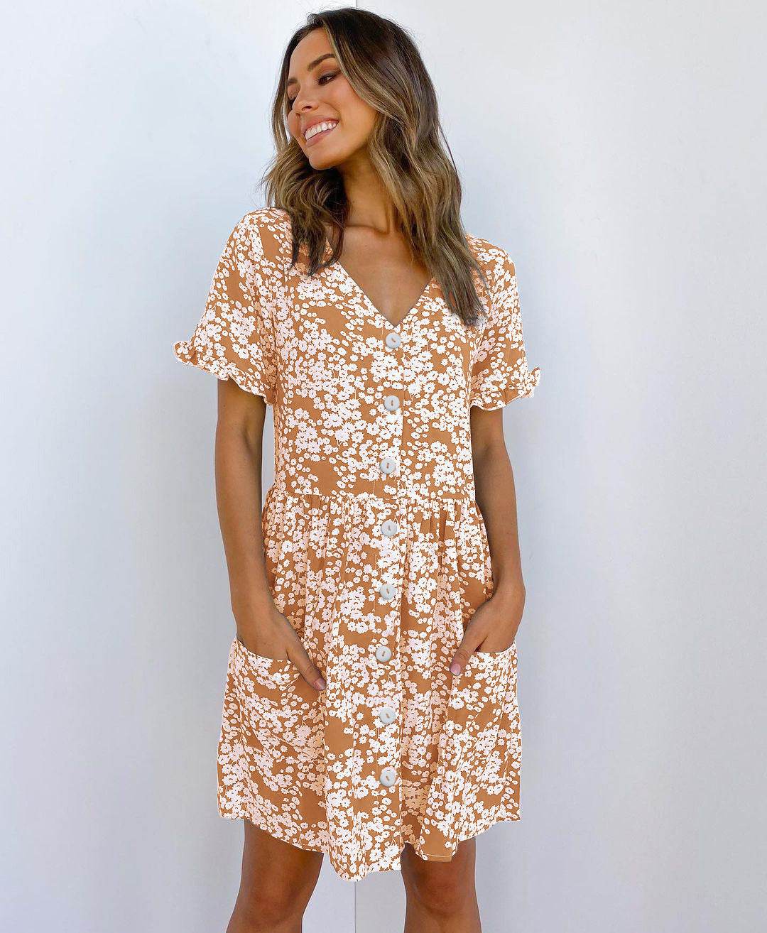 Casual Summer dresses Women Spring Mini short sleeve button down dot printed loose Dress