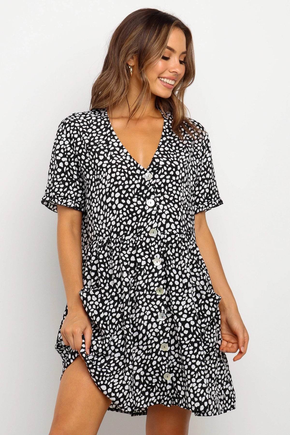 Casual Summer dresses Women Spring Mini short sleeve button down dot printed loose Dress