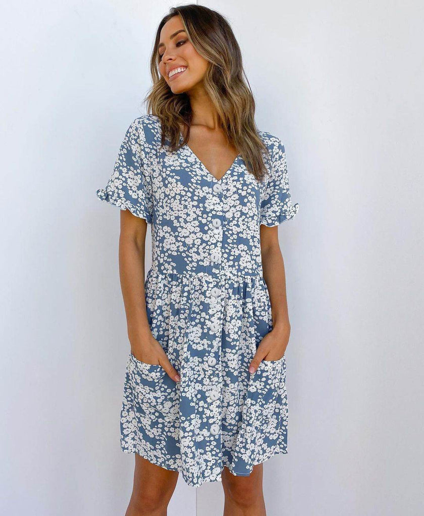 Casual Summer dresses Women Spring Mini short sleeve button down dot printed loose Dress