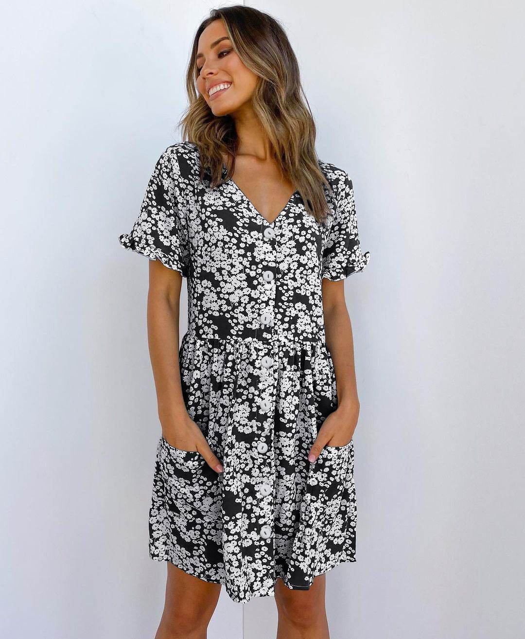 Casual Summer dresses Women Spring Mini short sleeve button down dot printed loose Dress
