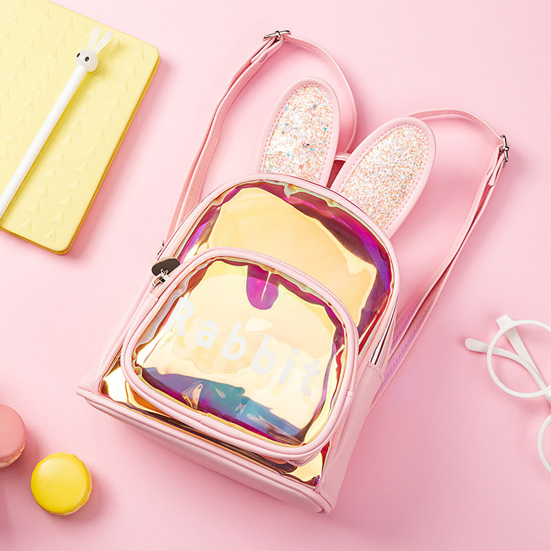 Cute Cartoon Rabbit Kids Backpack – Colorful Laser Transparent School Bag (Small & Medium)