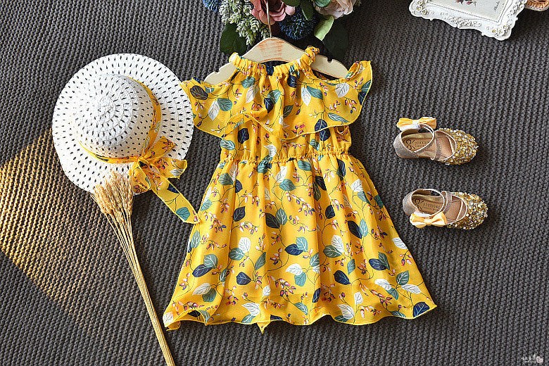 Girls' Bohemian Chiffon Sling Dress with Hat | Lotus Leaf Neck Summer Dress Canada USA