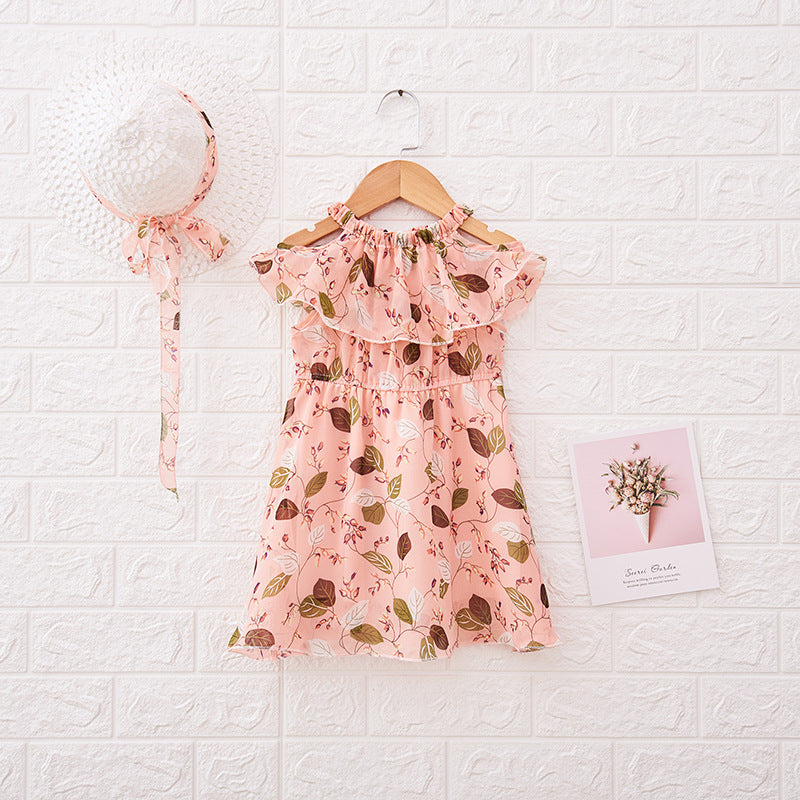 Girls' Bohemian Chiffon Sling Dress with Hat | Lotus Leaf Neck Summer Dress Canada USA