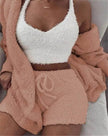 Winter Women Home Wear Suit Casual Pajamas Set Lady Female Soft Warm Long Sleeve Exposed Navel Vest Shorts Set