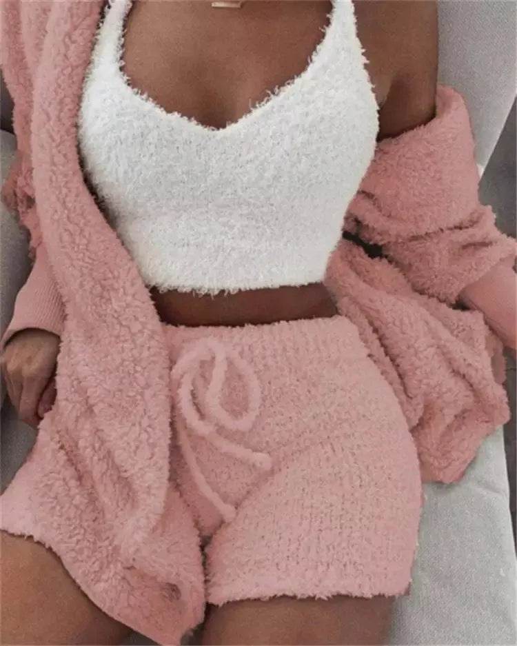 Winter Women Home Wear Suit Casual Pajamas Set Lady Female Soft Warm Long Sleeve Exposed Navel Vest Shorts Set
