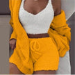 Winter Women Home Wear Suit Casual Pajamas Set Lady Female Soft Warm Long Sleeve Exposed Navel Vest Shorts Set