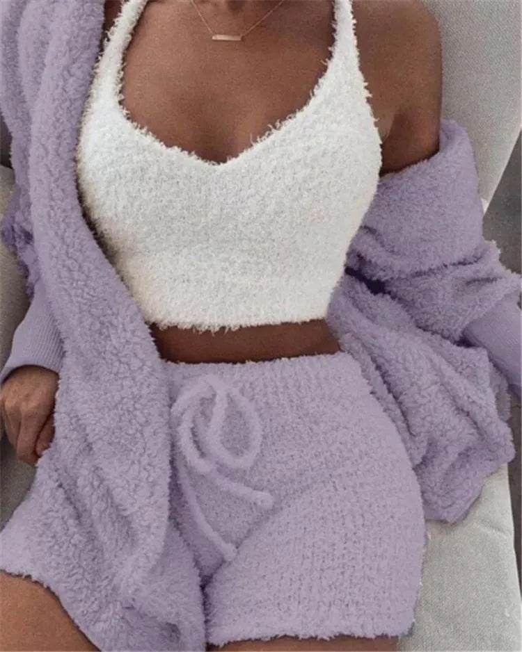 Winter Women Home Wear Suit Casual Pajamas Set Lady Female Soft Warm Long Sleeve Exposed Navel Vest Shorts Set