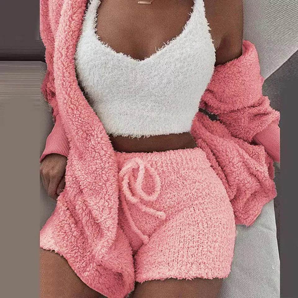 Winter Women Home Wear Suit Casual Pajamas Set Lady Female Soft Warm Long Sleeve Exposed Navel Vest Shorts Set